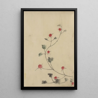 Small Red Flowers on a Vine - Katsushika Hokusai — framed artwork on a wall