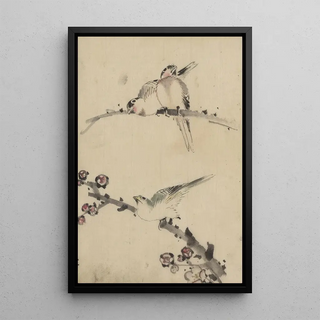 Three birds perched on branches, one with flowers - Katsushika Hokusai — framed artwork on a wall