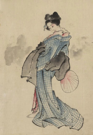 Portrait painting of a standing woman, in left profile, holding a fan in her right hand, wearing a checkered pattern kimono - Katsushika Hokusai — artwork view