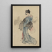 Portrait painting of a standing woman, in left profile, holding a fan in her right hand, wearing a checkered pattern kimono - Katsushika Hokusai — framed artwork on a wall