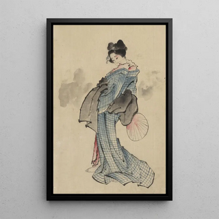 Portrait painting of a standing woman, in left profile, holding a fan in her right hand, wearing a checkered pattern kimono - Katsushika Hokusai — framed artwork on a wall