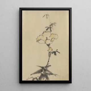a Yellow flower with a bud on a stem above the leaves - Katsushika Hokusai — framed artwork on a wall