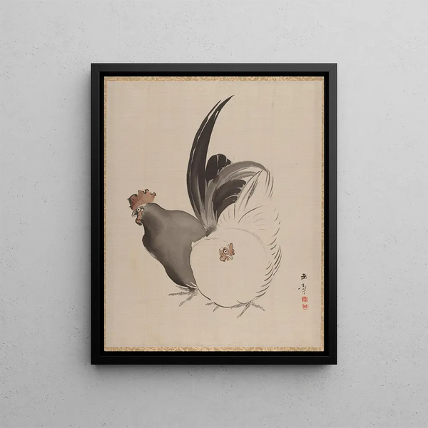 Rooster and Hen - Kawabata Gyokushō — framed artwork on a wall