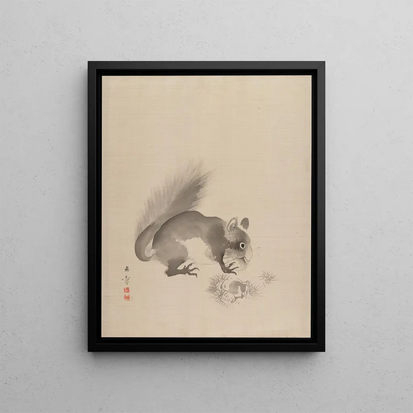 Squirrel eating chestnuts - Kawabata Gyokushō — framed artwork on a wall