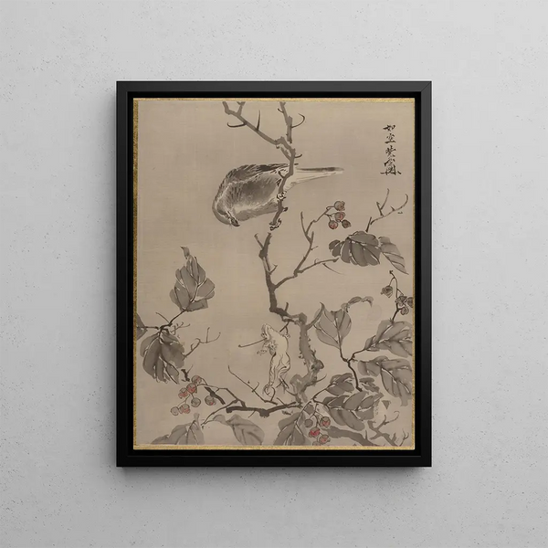 Bird and Frog - Kawanabe Kyōsai — framed artwork on a wall