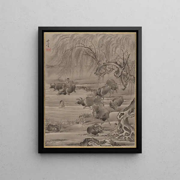 Buffalo and Shepherd - Kawanabe Kyōsai — framed artwork on a wall