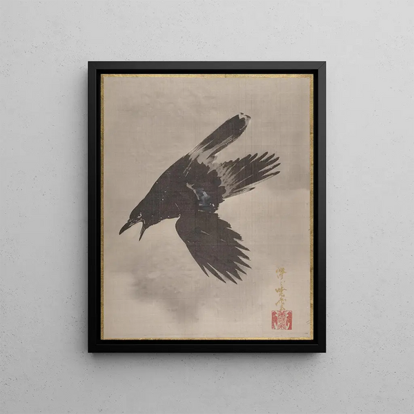 Crow flying in the snow - Kawanabe Kyōsai — framed artwork on a wall