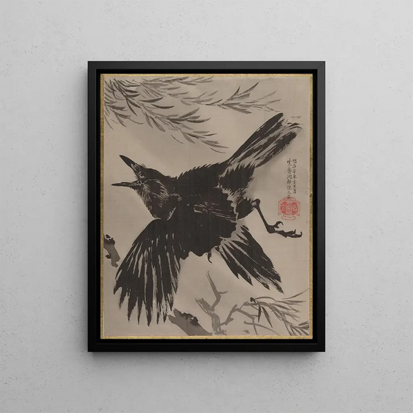 Crow and Willow - Kawanabe Kyōsai — framed artwork on a wall