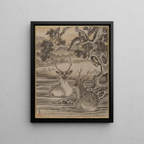 Deer and Monkeys - Kawanabe Kyōsai — framed artwork on a wall