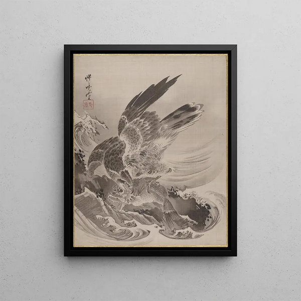 Eagle attacking a fish - Kawanabe Kyōsai — framed artwork on a wall