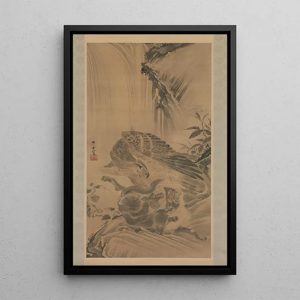 an eagle attacking a puma - Kawanabe Kyōsai — framed artwork on a wall