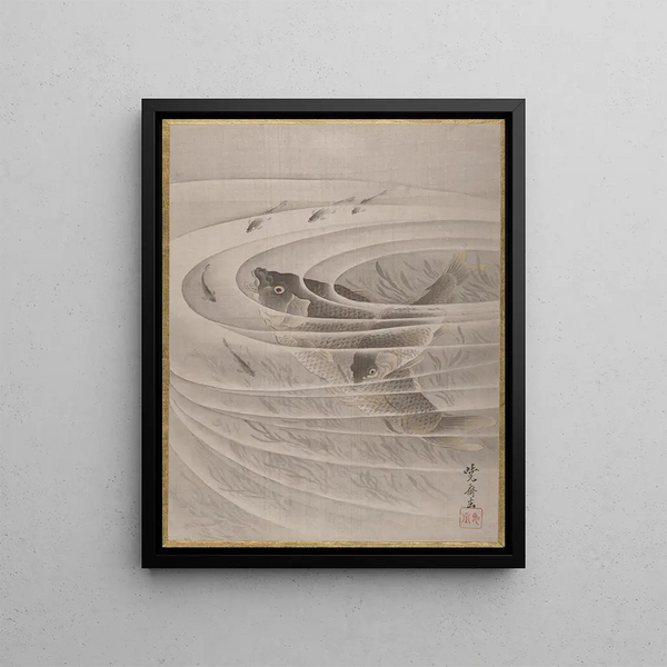 Fish in a whirlpool - Kawanabe Kyōsai — framed artwork on a wall