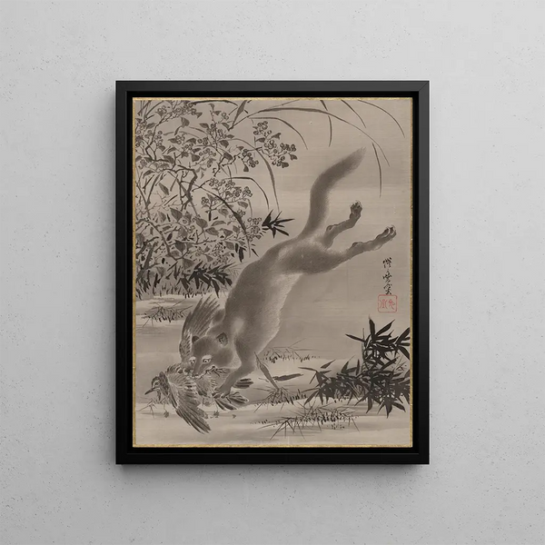 a Fox Catching a Bird - Kawanabe Kyōsai — framed artwork on a wall