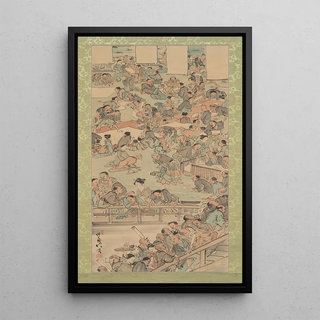 Reunion of painting and calligraphy at the Nakamura in Ryogoku - Kawanabe Kyōsai — framed artwork on a wall