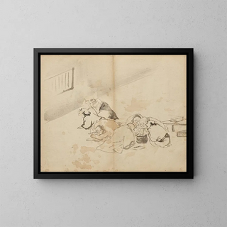 People Dining and Reading - Kawanabe Kyōsai — framed artwork on a wall