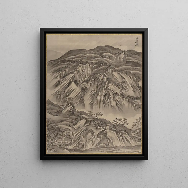 Landscape painting of rocky terrain - Kawanabe Kyōsai — framed artwork on a wall