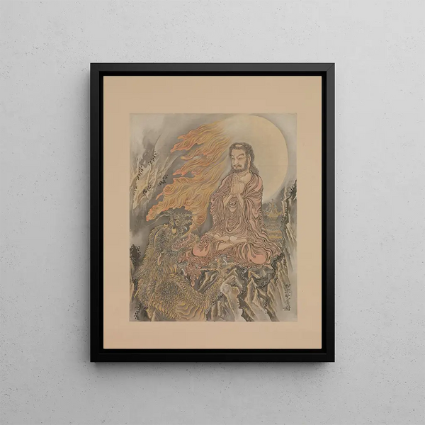 Shakyamuni submitting demons - Kawanabe Kyōsai — framed artwork on a wall