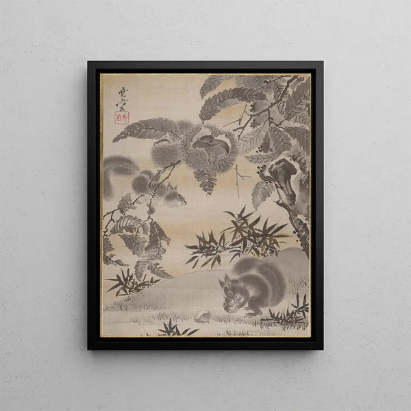 Squirrels gathering chestnuts - Kawanabe Kyōsai — framed artwork on a wall