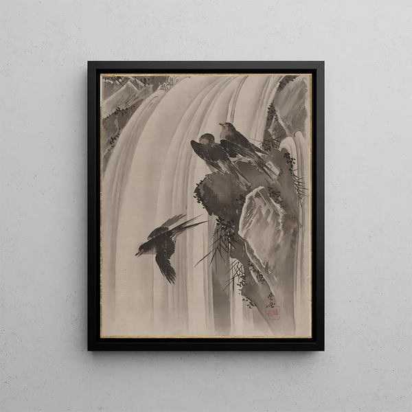 Swallows near a Waterfall - Kawanabe Kyōsai — framed artwork on a wall