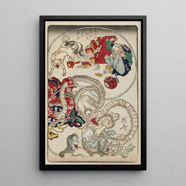Two long-necked creatures approaching a noodle shop customer - Kawanabe Kyōsai — framed artwork on a wall