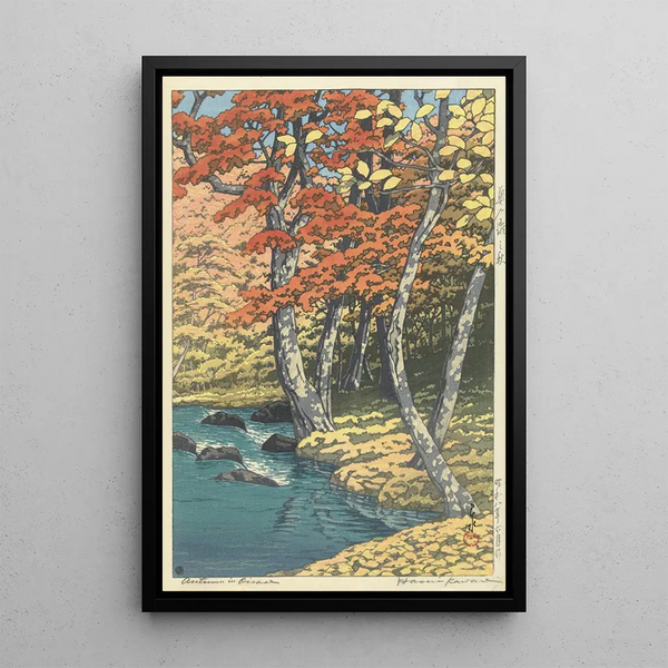 Autumn in Oirase - Kawase Hasui — framed artwork on a wall