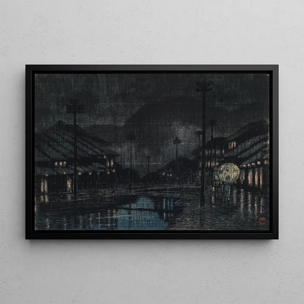Rainy Evening at Tajima Kinosaki - Kawase Hasui — framed artwork on a wall