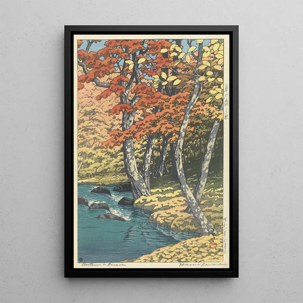Autumn in Oirase - Kawase Hasui — framed artwork on a wall