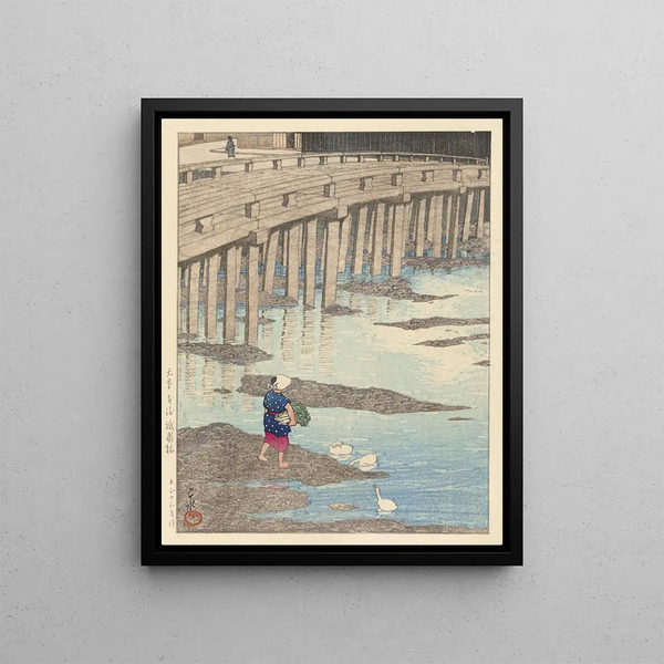 The Gion Bridge in Hondo at Amakusa - Kawase Hasui — framed artwork on a wall
