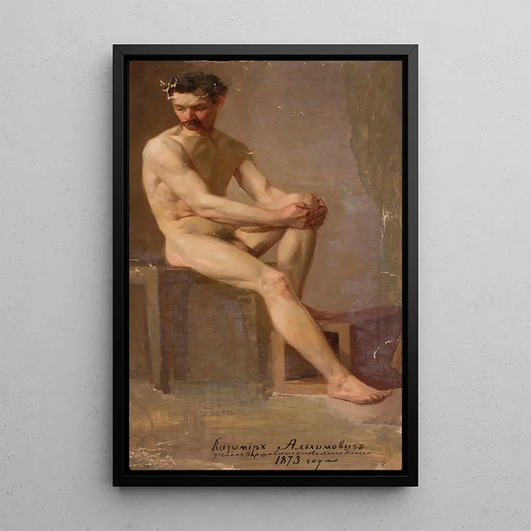 Nude painting of a seated man - Kazimierz Alchimowicz — framed artwork on a wall