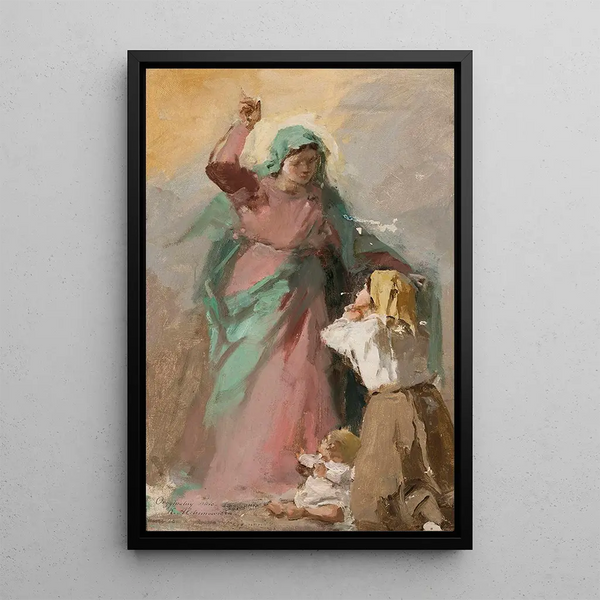 La Vierge Marie apparaissant à une paysanne étude - Kazimierz Alchimowicz — framed artwork on a wall