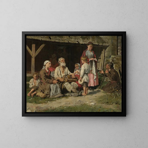 Scene of genre with a hurdy-gurdy player in front of a cottage - Kazimierz Pochwalski — framed artwork on a wall