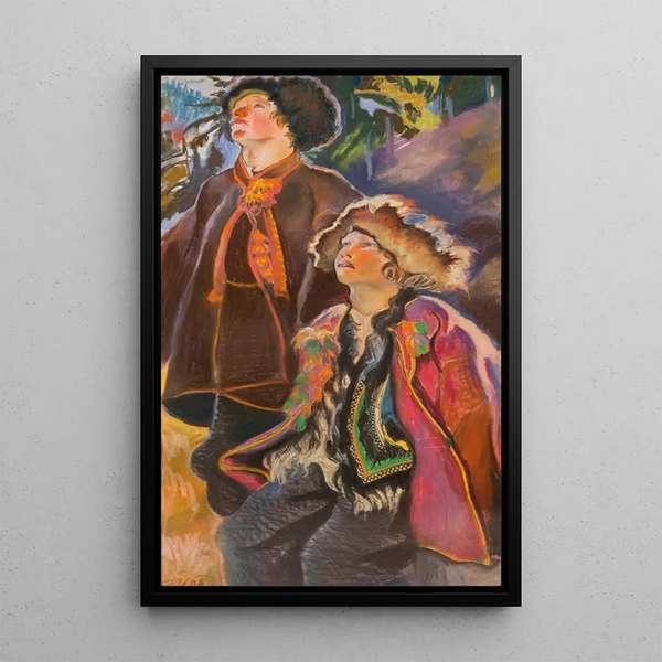 Triptych painting of Palm Sunday boys Houtsoules - Kazimierz Sichulski — framed artwork on a wall