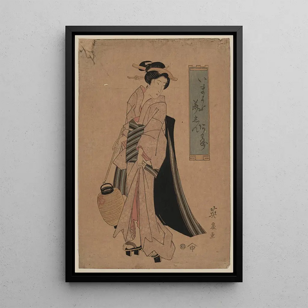 a woman holding a breast - Keisai Eisen — framed artwork on a wall