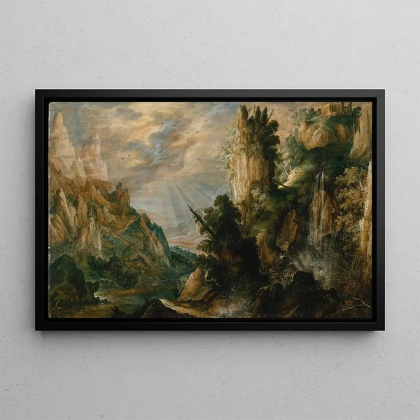 Mountain landscape painting with a waterfall - Kerstiaen de Keuninck — framed artwork on a wall
