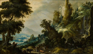 Mountain landscape painting with waterfall - Kerstiaen de Keuninck — artwork view