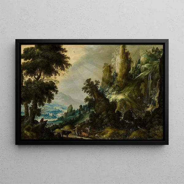 Mountain landscape painting with waterfall - Kerstiaen de Keuninck — framed artwork on a wall