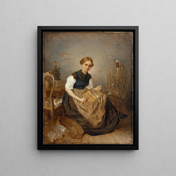 A girl carding wool - Kilian Zoll — framed artwork on a wall