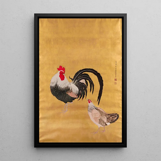 a Japanese scroll depicting a rooster and a hen - Kishi Ganku — framed artwork on a wall