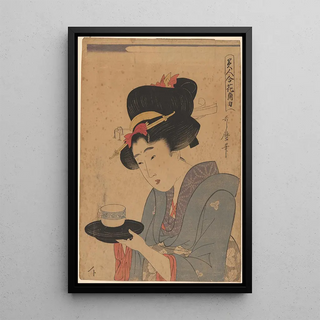 Femme servant du thé dans un café - Kitagawa Utamaro — framed artwork on a wall