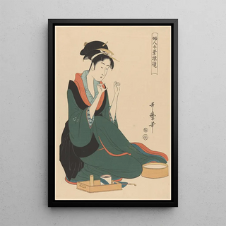 Woman with Thread - Kitagawa Utamaro — framed artwork on a wall