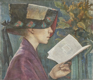Young woman reading on the right with a bonnet - Klementine Noll-Prenger — artwork view