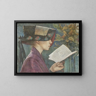 Young woman reading on the right with a bonnet - Klementine Noll-Prenger — framed artwork on a wall