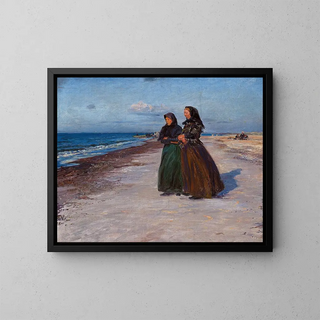 Two Fisherwomen on the Beach in Stormy Weather, North Jutland - Knud Larsen Bergslien — framed artwork on a wall