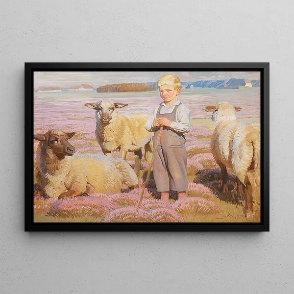 Landscape painting with frog and young shepherd - Knud Sinding — framed artwork on a wall