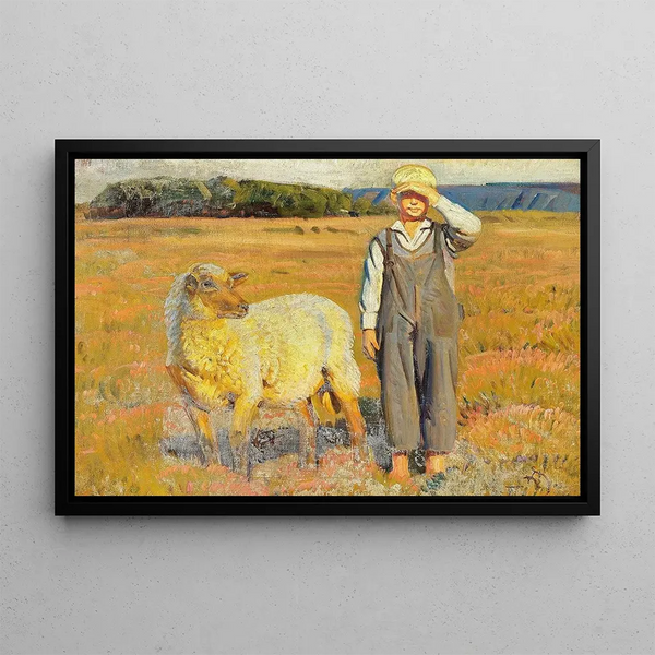 Summer Day Painting with a Little Shepherd - Knud Sinding — framed artwork on a wall