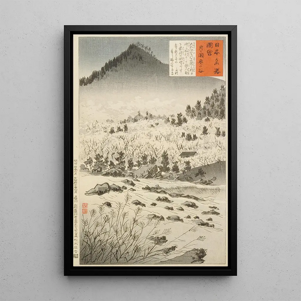 Valley interior at Tsukigase - Kobayashi Kiyochika — framed artwork on a wall