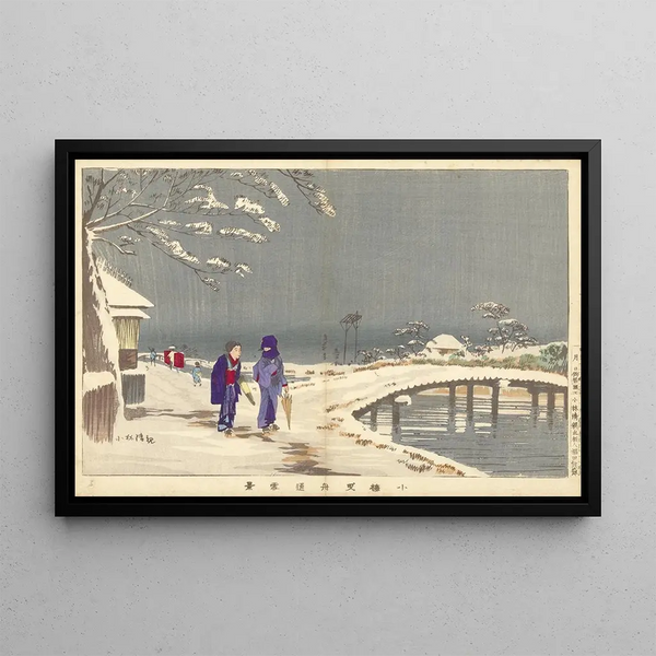Snowy Landscape Painting at Hikifune in Koume - Kobayashi Kiyochika — framed artwork on a wall