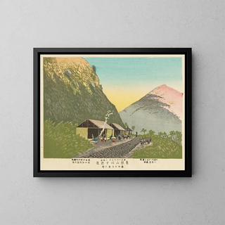 House of Sweet Sake at the foot of Mount Hakone, 6:00 PM on a spring day - Kobayashi Kiyochika — framed artwork on a wall