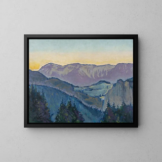 View of the Rax from the Mautner von Markhof villa at dusk - Koloman Moser — framed artwork on a wall