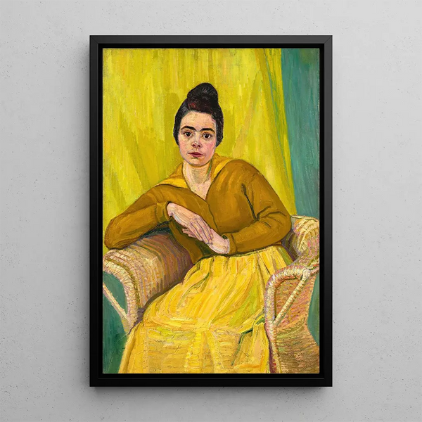 Dame sitting in an wicker armchair - Koloman Moser — framed artwork on a wall